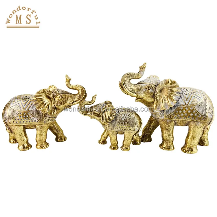 customized resin gold family Elephants Figurines poly stone animal sculpture souvenir gifts for Christmas home decoration