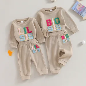 Autumn Winter New Kids Clothing for Baby Girls Waffle Set Letter Embroidered Hoodie Long Sleeve Pants Casual Sister Suit 2pcs