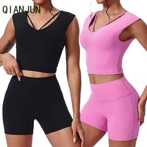 High Elasticity Yoga 2-Piece Set Short Deep V-Neck Top Short Sleeved High Waisted Shorts Fitness Suit Running Exercise Yoga Set