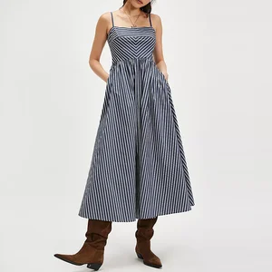 Factory Oem High Quality Summer Striped Sleeveless Dresses Women Spaghetti Strap Cotton Long Midi Cami Dress