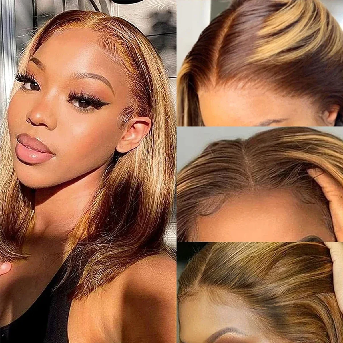Bob-Perücke, Echthaar, T-Teil, Lace-Frontal-Perücke, P4/30, glatt, braun, Remy, 180 % Dichte, vorgezupftes Babyhaar_voghion.com