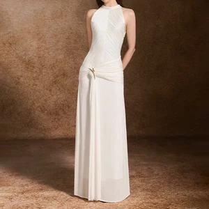 ZYHT 70128 Ruched Summer Sleeveless Engagement Gala Gown Sexy Ladies Chic Evening Dress Long Elegant Party White Dress for Women