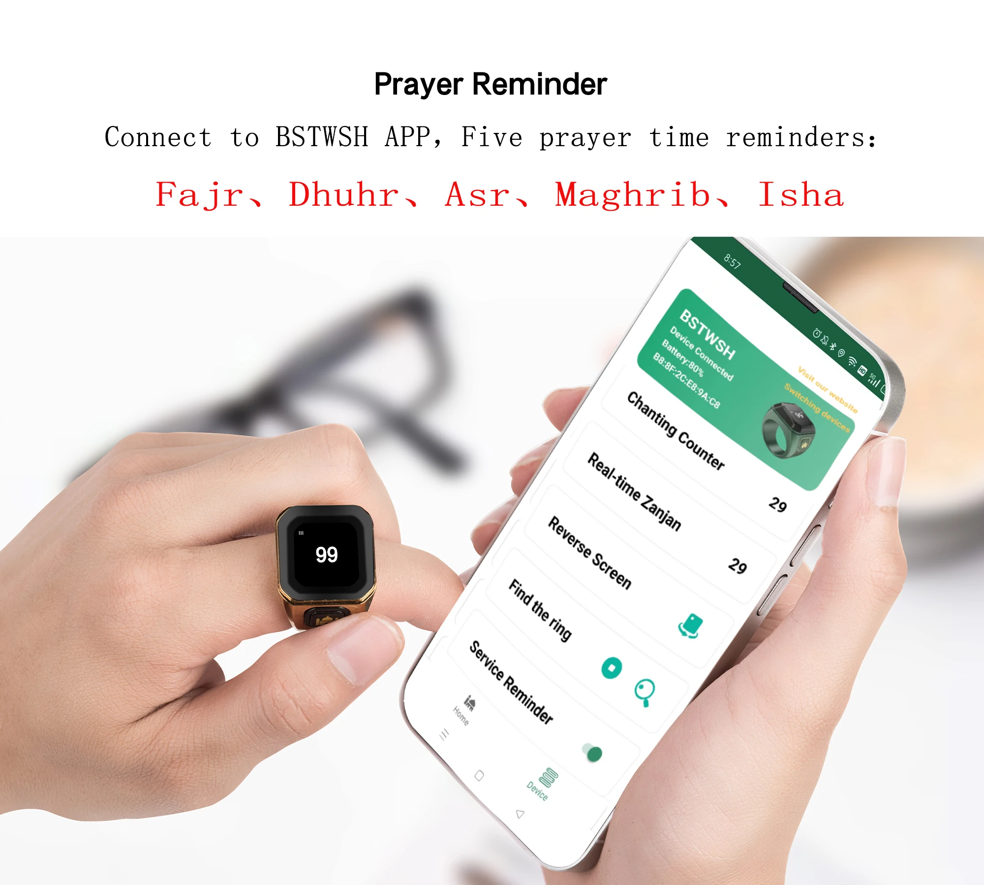 Azan Rind Azan Wekker Ring Slimme Tasbih Zikr Ring, 20mm Moslim Digitale Azan ...