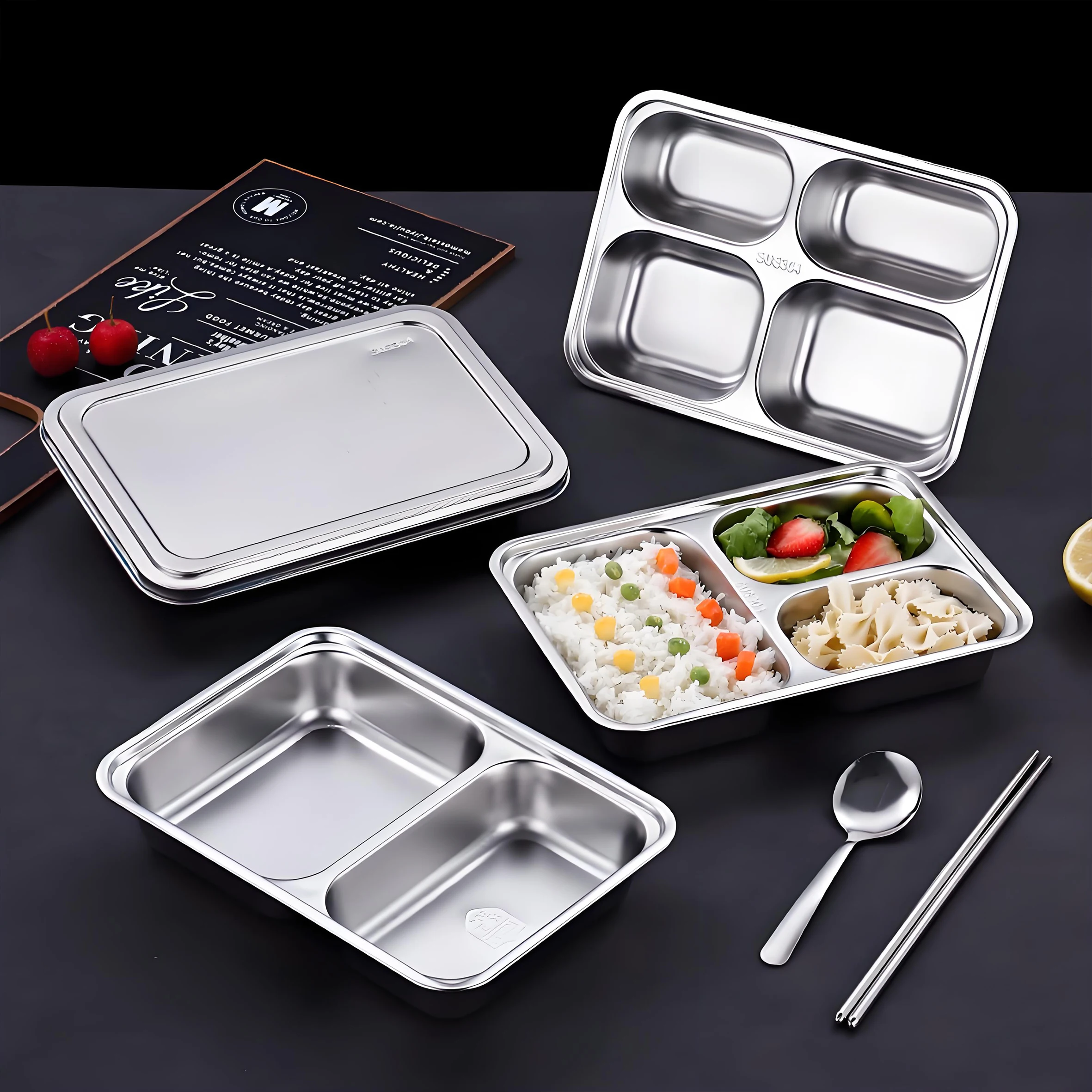 YITIAN Stainless Steel Compartment 5 Sections Mess Food Tray Sus 304 Lunch Plate Food Plate Kids Dinner Plate Dinnerware Dishes