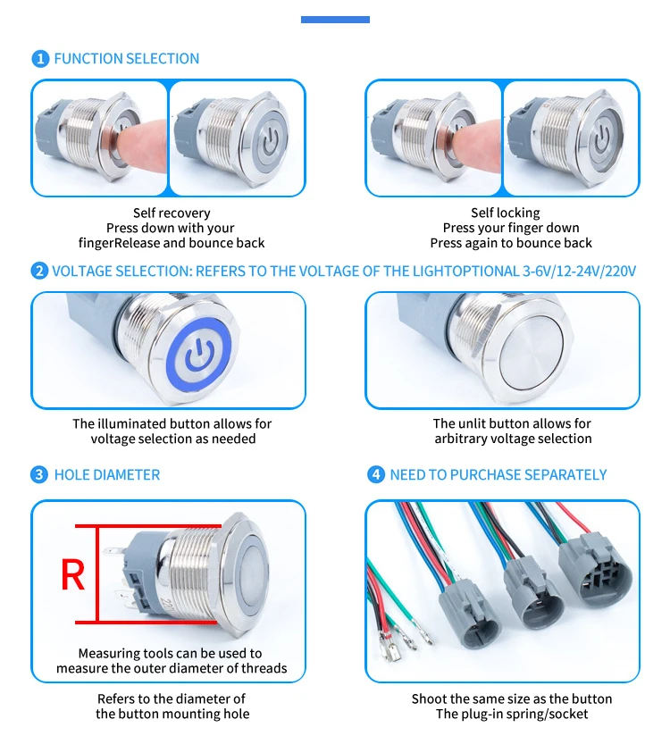 On Off PC Power Metal Waterproof Push Button Switch 12v for Car Ignition Switches Momentary/Latching NC 5V 220V 12 16 19 22 mm