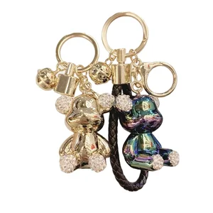 Fashion 3D Teddy Bear Keychain Cute Electroplated Bear Doll Pendant Leather Rope Wristband Bag Charm for Men Women Cat Dog