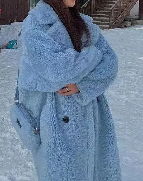 Amerikan Popüler Stil Parçacık Teddy Ayı Yün Kürk Uzun Palto Kadınlar İçin_voghion.com