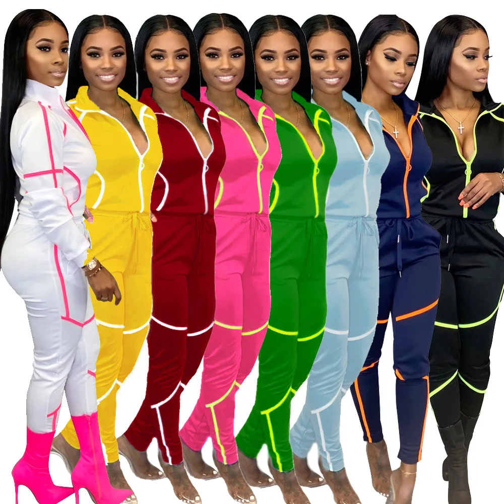 2021 Spring Women Sweatpants Set Collar Zippers Long Sleeve Tops Outfits Two Pieces Pants Set Women Tracksuits Women Clothing