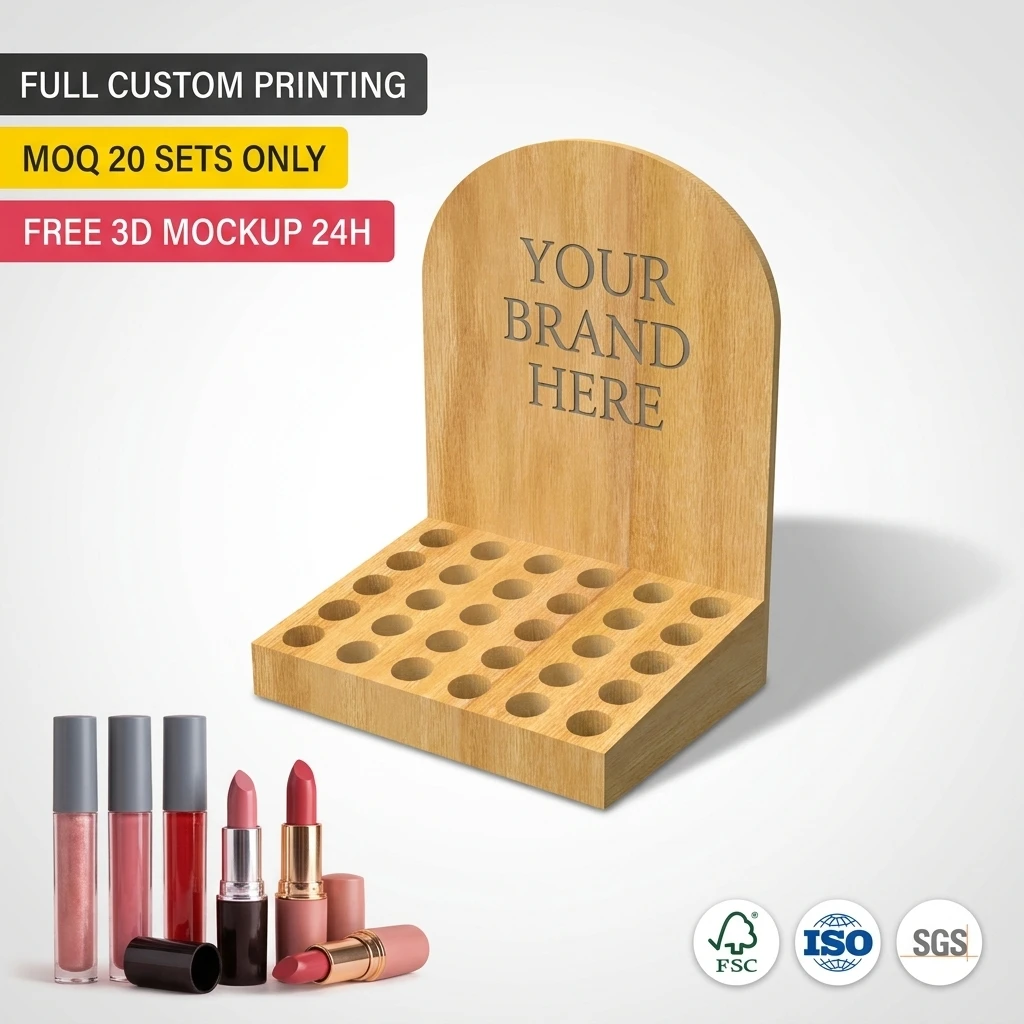 Wholesale Wooden Lipstick Display Stand Countertop Lip Gloss Cosmetic Holder Essential Oil Nail Polish Perfume Organizer Rack