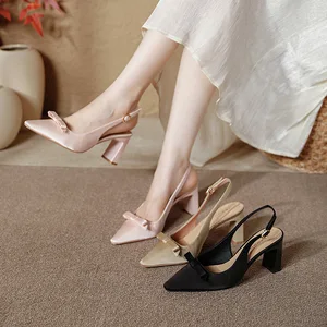French Peep-toe Pumps 2026 New Summer for Style Satin Noble Elegant Pointed Thick Heel Buckle Strap Shoes