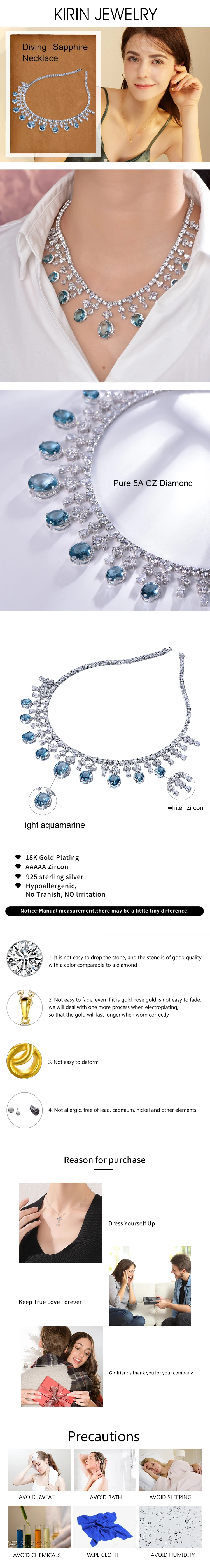 Fine Jewelry Necklaces 5A Cubic Zirconia Classic Tennis Necklace Moissanite Aquamarine Crystal Necklace
