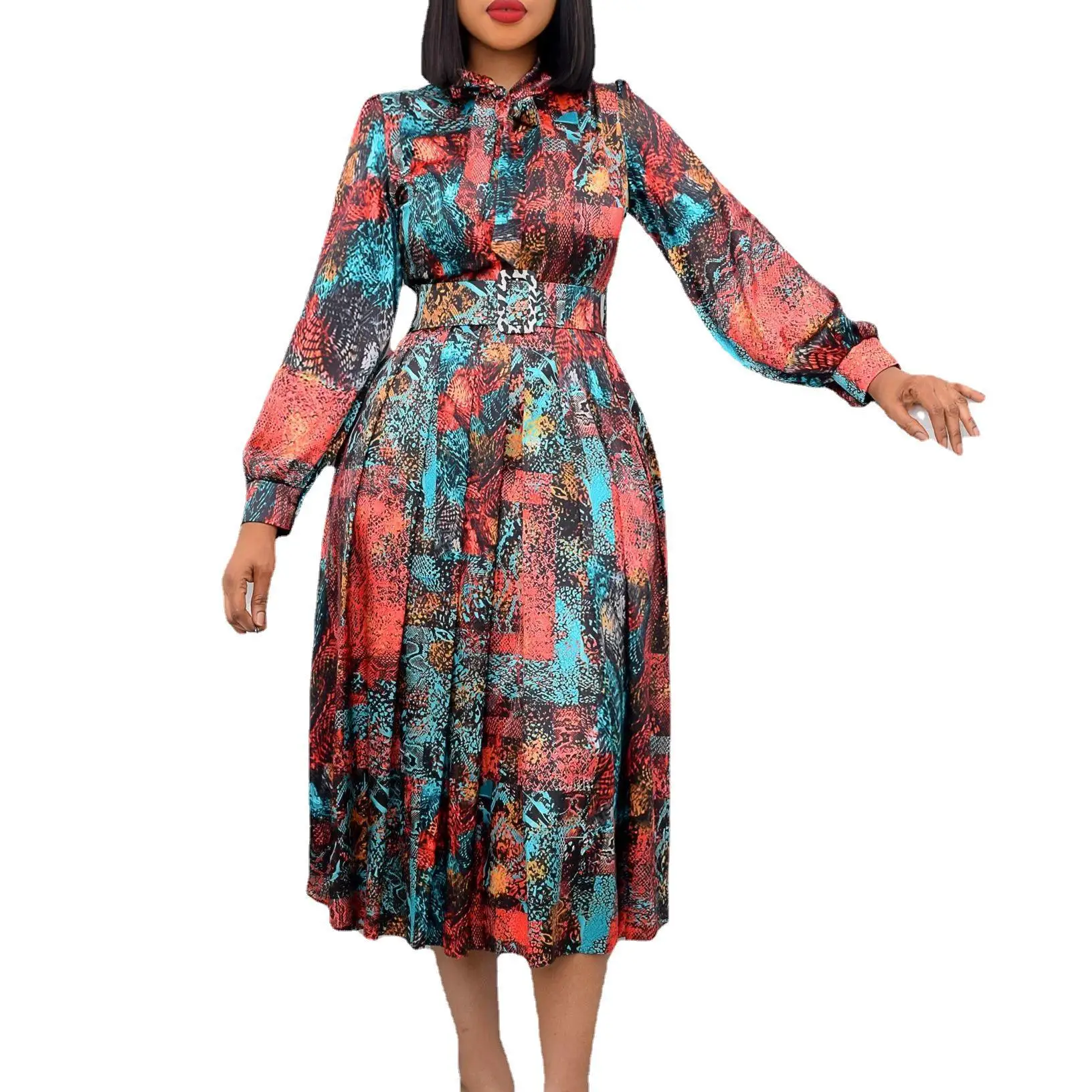 Modest Ladies Wear Woman Fall Sundress Long Sleeve Causal Model Plus Size  Midi Shirt Floral Dresses for Women