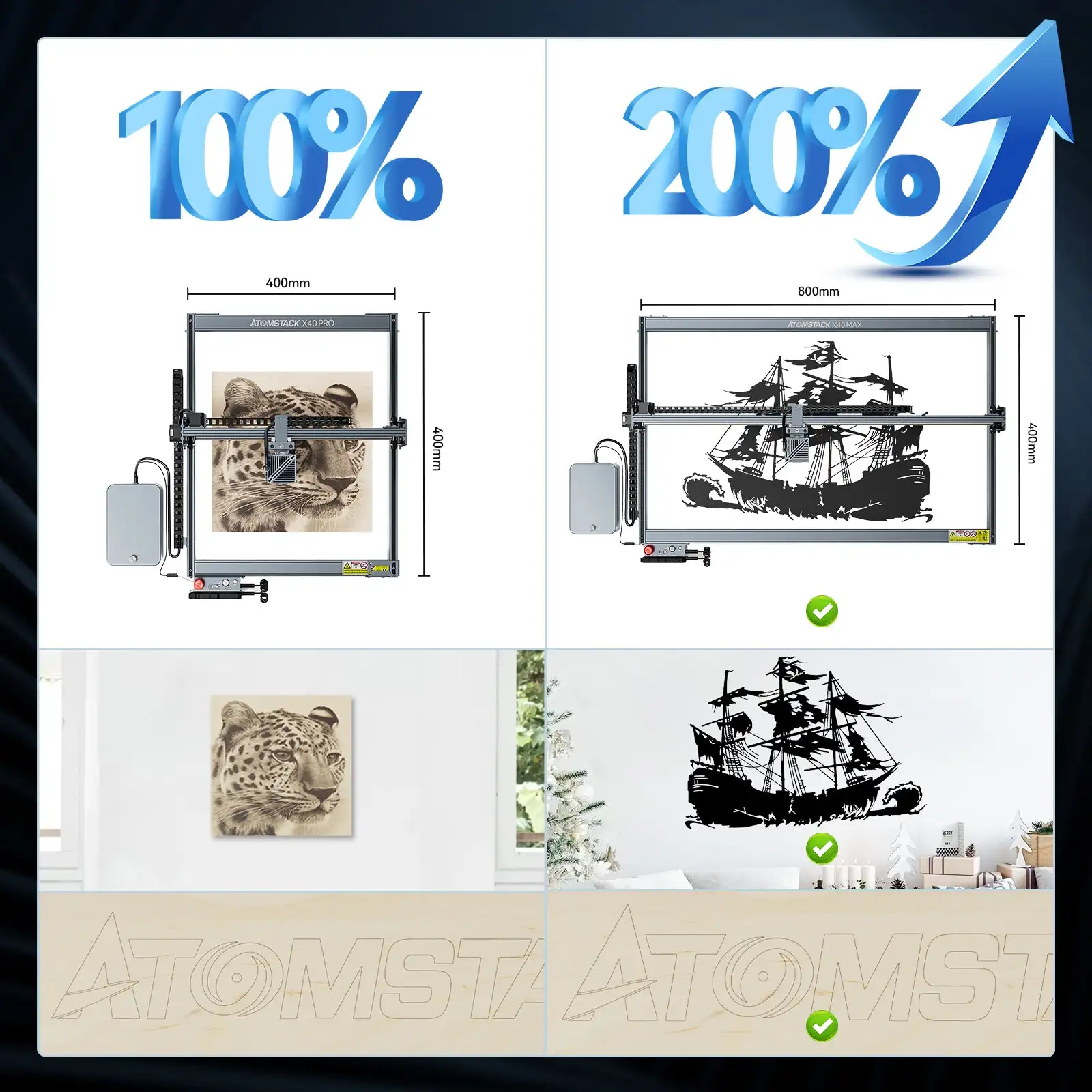 ATOMSTACK S40 X40 A40最大激光雕刻机切割机，配有F30专业空气辅助套件固定焦点24W/48w双模式应用800 * 400毫米|  Alibaba.com