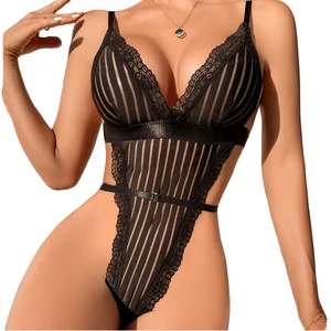 Teddy Bodysuit Sexy Suspenders Erotic Lingerie Women's Clothing Transparent Eco-Friendly Breathable Mesh Lace Stripe