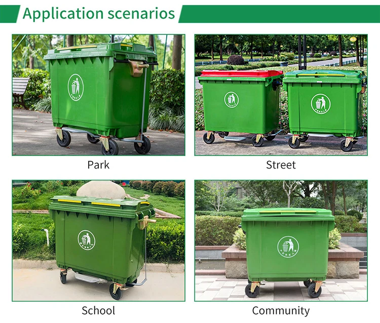 New Design 4-Wheel 1100L Eco-Friendly Plastic Outdoor Rolling Cover Plastic Garbage Waste Bin for Hotel Use