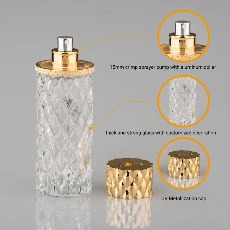 Newest Design Modern Golden Luxury 85ml Round Glass Refillable Perfume Bottle with Gold Cap