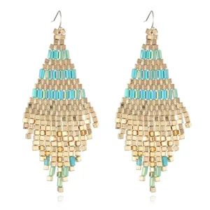 New Design Ethnic Style Handmade Beaded Tassel Hook Earrings Colorful Geometric square Bead Pendant Earrings for Women