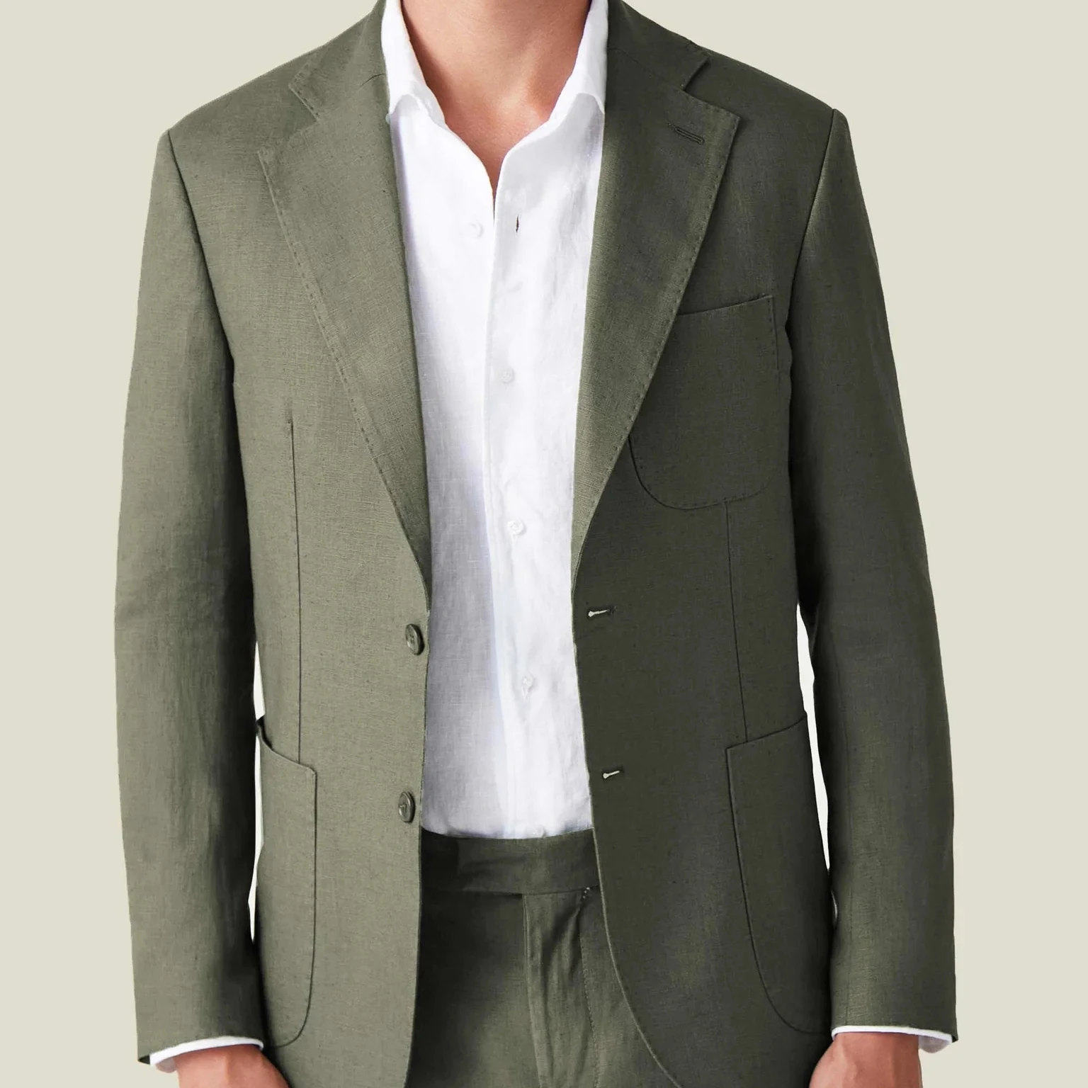 Solid Color Olive Green 100% Linen Men's Suit