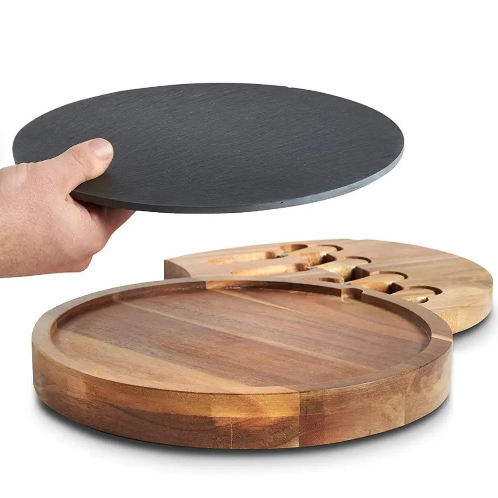 Горячая Распродажа популярный набор колбасных досок круглая горка Сервировочная доска из дерева акации сланец для