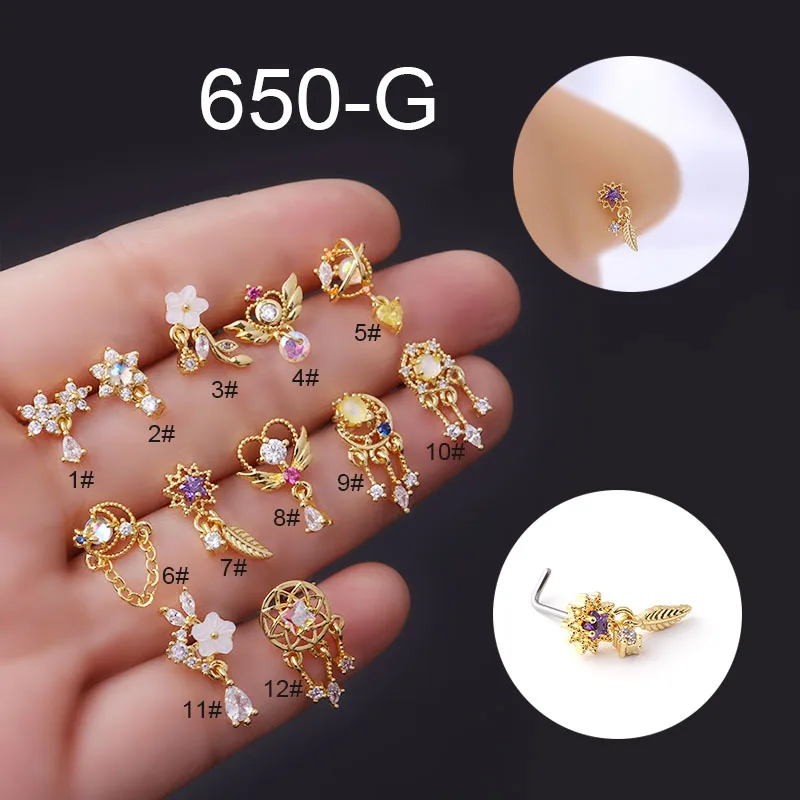 Stainless Steel L Shaped Nose Studs Flower Cubic Zirconia Nostril Bone Screw  Nose Ring Piercing - Buy Stainless Steel L Shaped Nose Studs Flower Cubic Zirconia  Nostril Bone Screw Nose Ring Piercing
