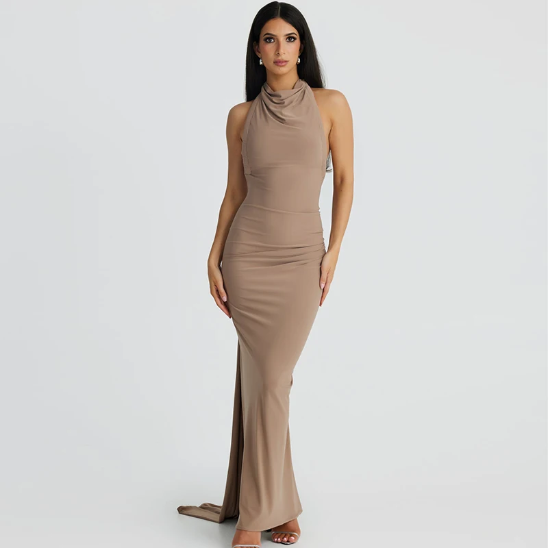 Lygens 4188 Halter Solid Ruched Backless Slit Elegant Women's Dresses ...