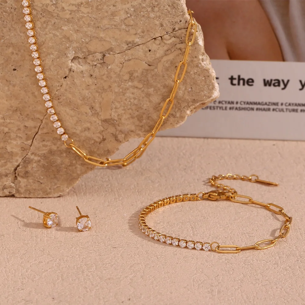 Dreamshow Shining Zircon Jewelry Paper Clip Chain Chain Necklace 18k Gold Plated Stainless Steel Jewelry Set