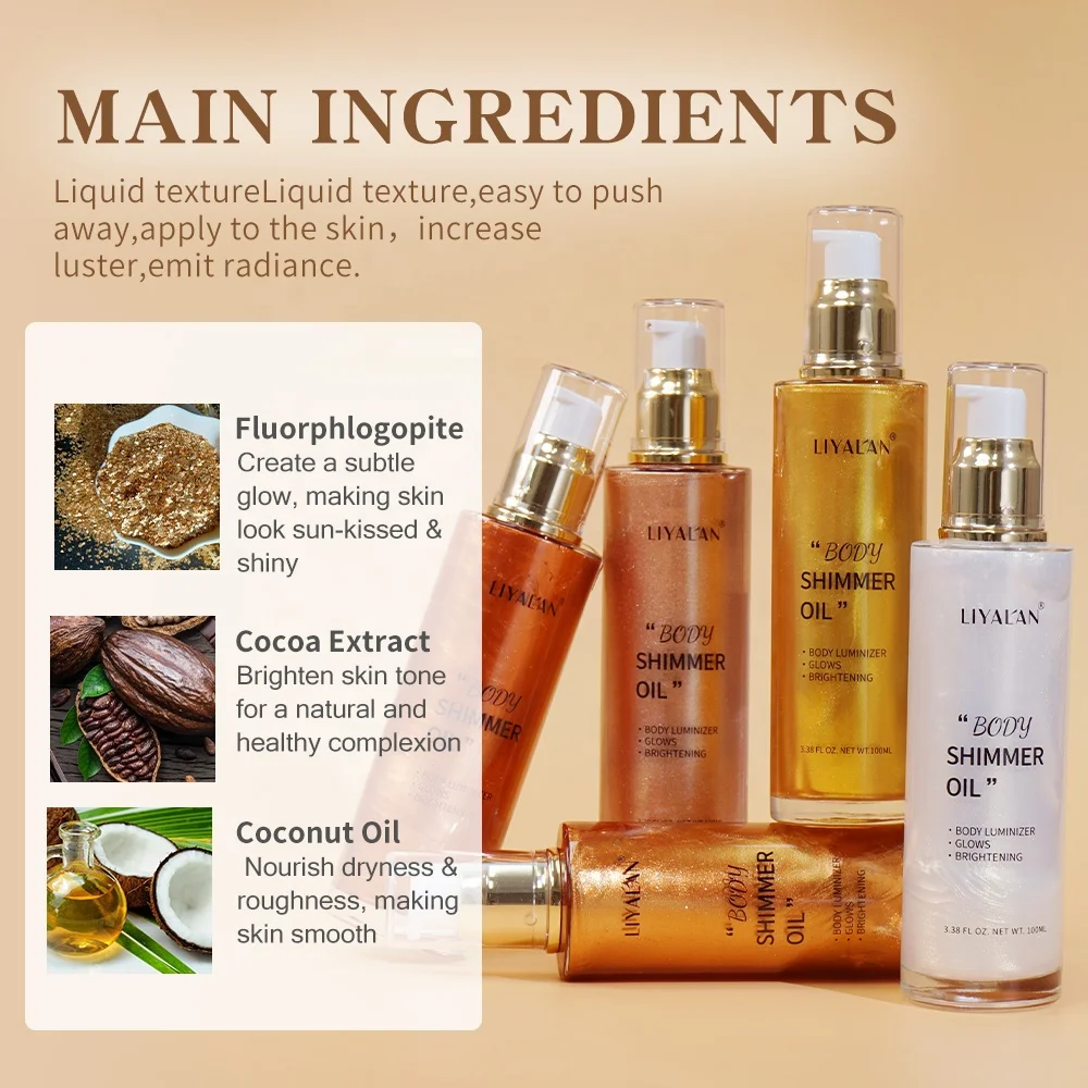 Private Label Custom Highlighter Makeup Bronzer Skin Glow Body Glitter Liquid Body Shimmer Oil