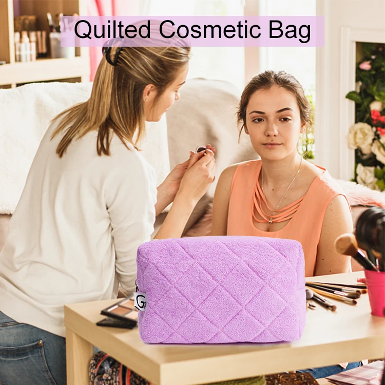 Wholesale Custom Travel Small Green Quilted Cosmetic Pouch Towelling Terry Cloth Makeup Bag For