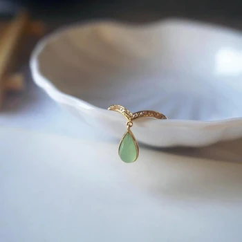 Original natural chalcedony drop-shaped pendant opening adjustable ring Chinese retro charm women&#39;s brand silver jewelry