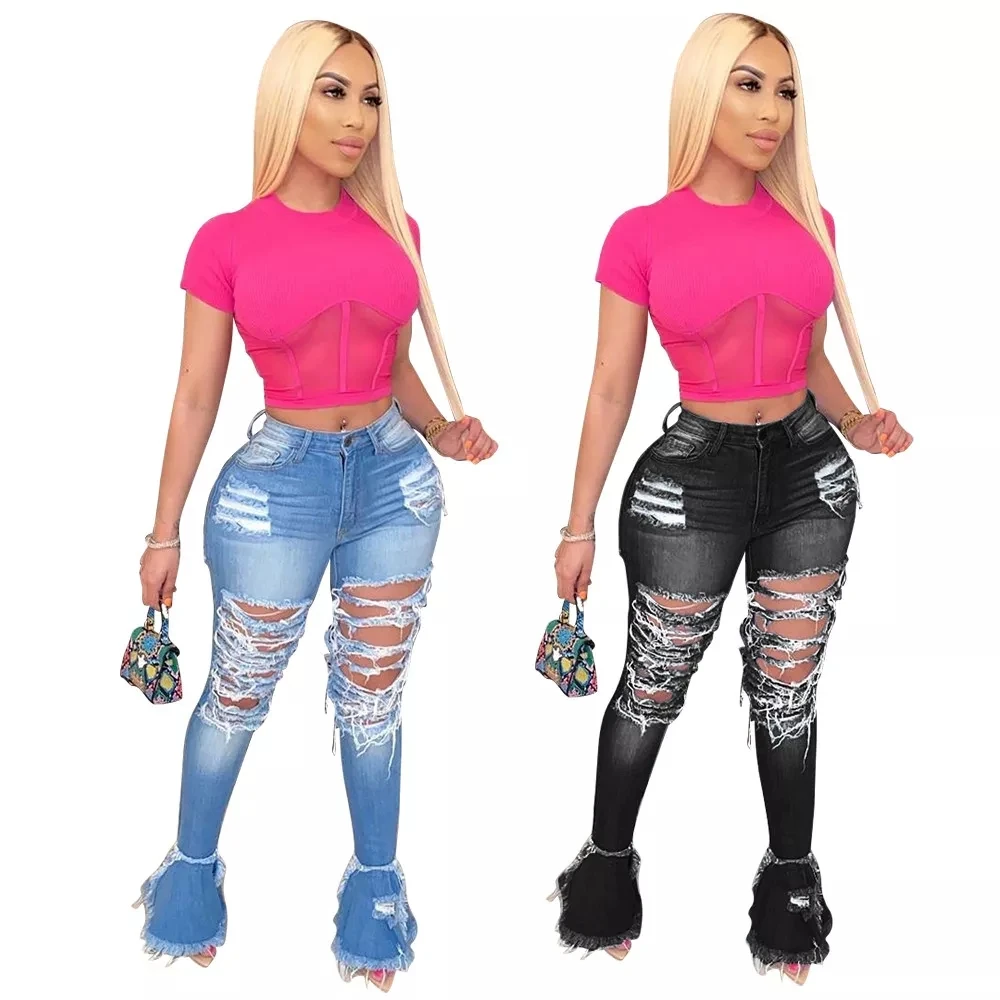 Plus Size High Waist Ripped Denim Jeggings Pants main image 0