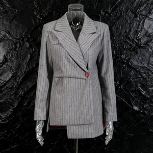 Wholesale Fall 2026 New Fashion Elegant Temperament Vintage Irregular Grey Striped Suit Ladies Jacket