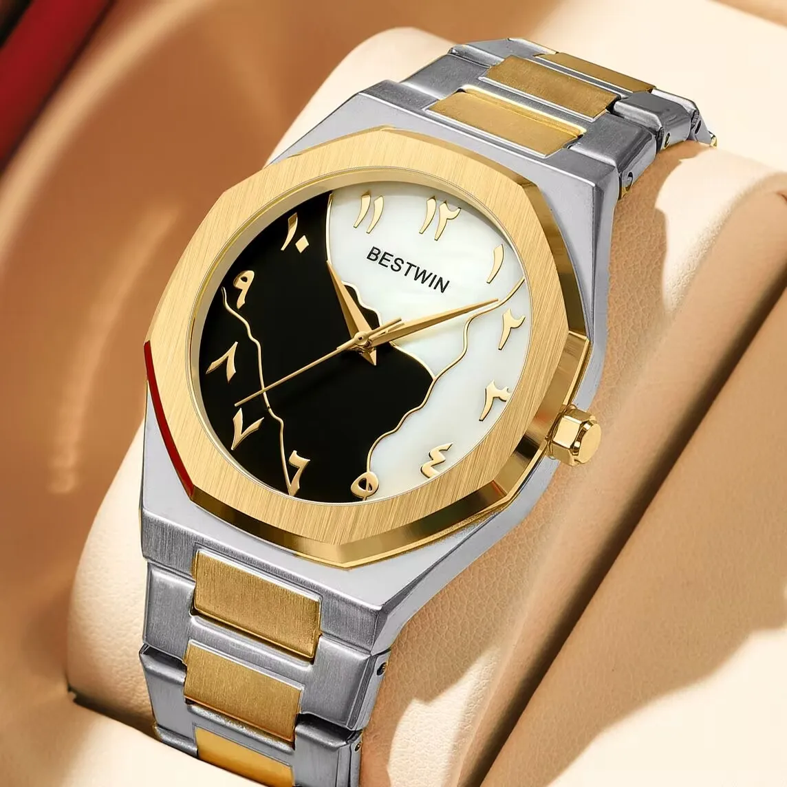 Men's Sport Watch with Gold Shell Face, Arabic Dial, Stainless