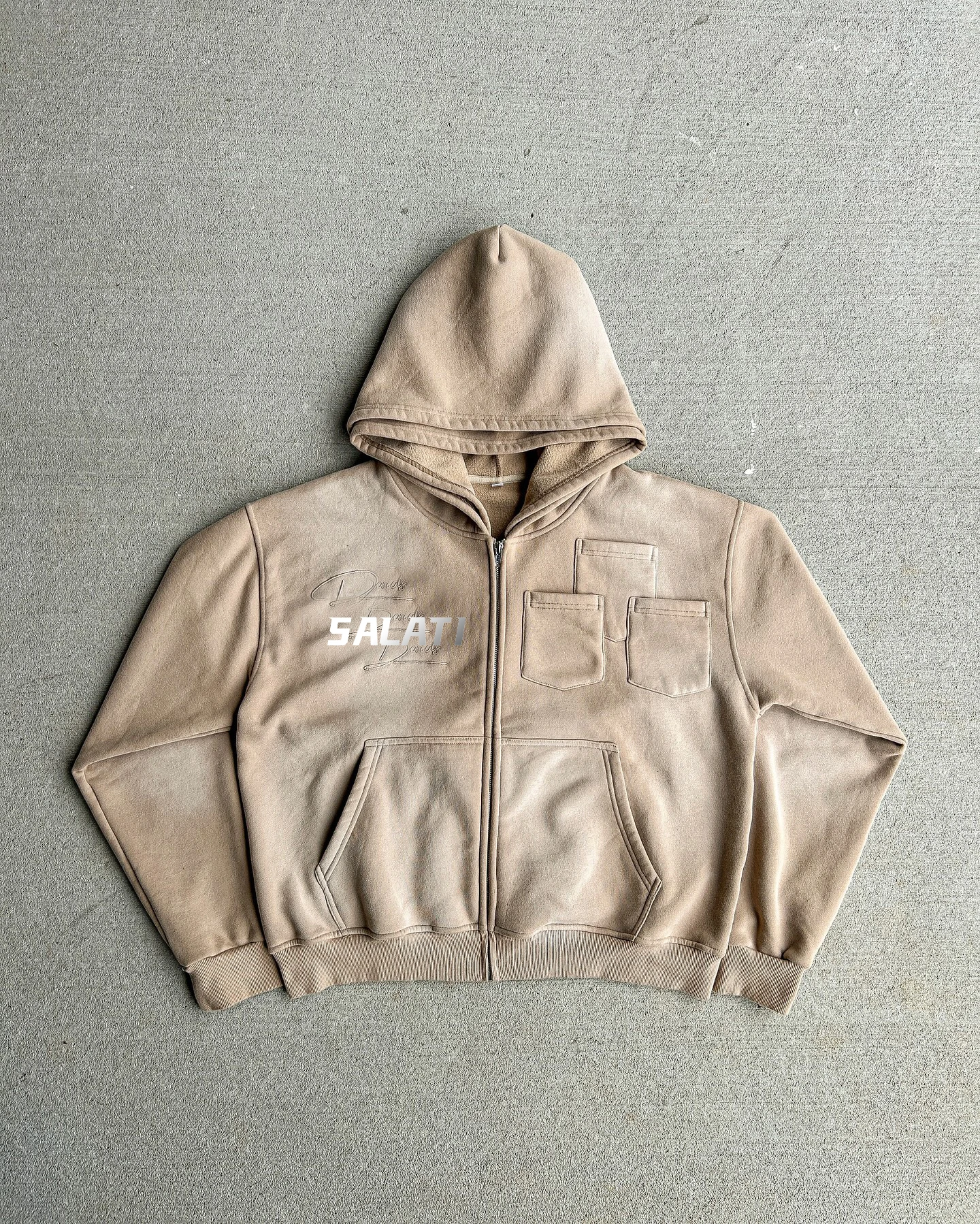 Custom Embroidery Printing Cloud Gray Vintage Hoodies Double Hood Patchwork Distressed Men Sun Fade Zip-up Hoodie gallery 9