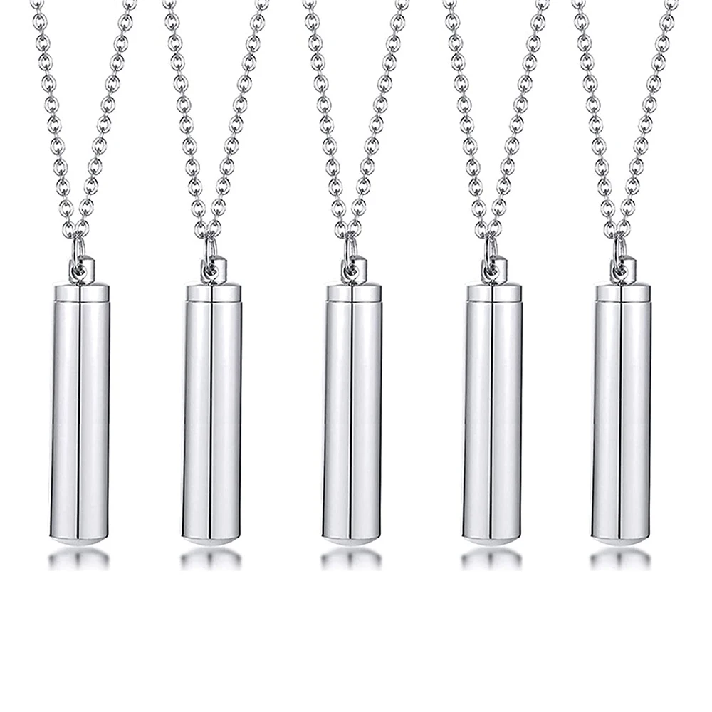 Simple Silver Color Cylinder Cremation Urn Necklace for Ashes Memorial Pendant Stainless Steel Keepsake Jewelry to Women Men