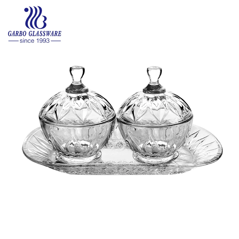Factory Classic Glass Sugar Bowl Set With Lid Glass Candy Pot 3pcs Set