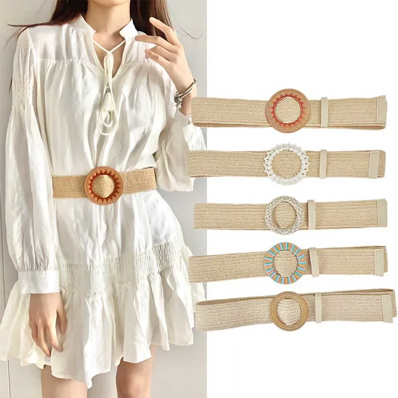 Women Straw Woven Elastic Stretch Waist Belt Skinny Boho  display picture 1