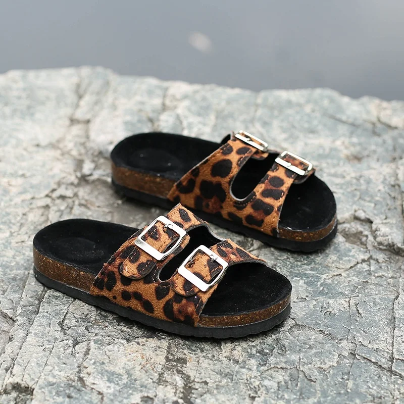 New Summer Double Breasted Leather Pu Flat Bottom Casual Custom Logo Beach Cork Roman Leopard Slippers