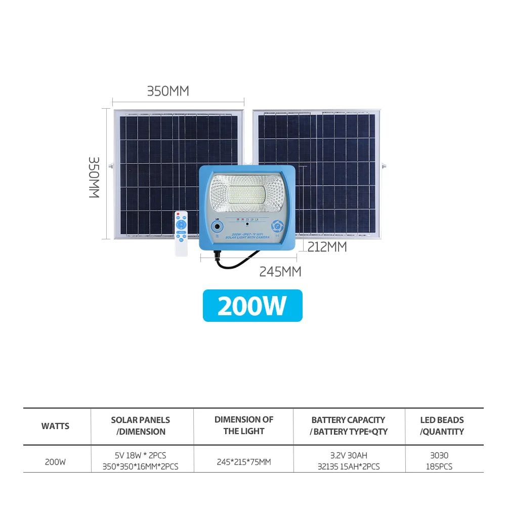 Smart Flood Light with HD Camera 100W300W Solar Powered WiFi IP67 Waterproof Motion Sensor Security Lighting