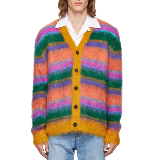 Custom OEM & ODM mohair men sweater Fuzzy designer knitwear winter Striped mohair knitted custom Cardigan knit sweater men