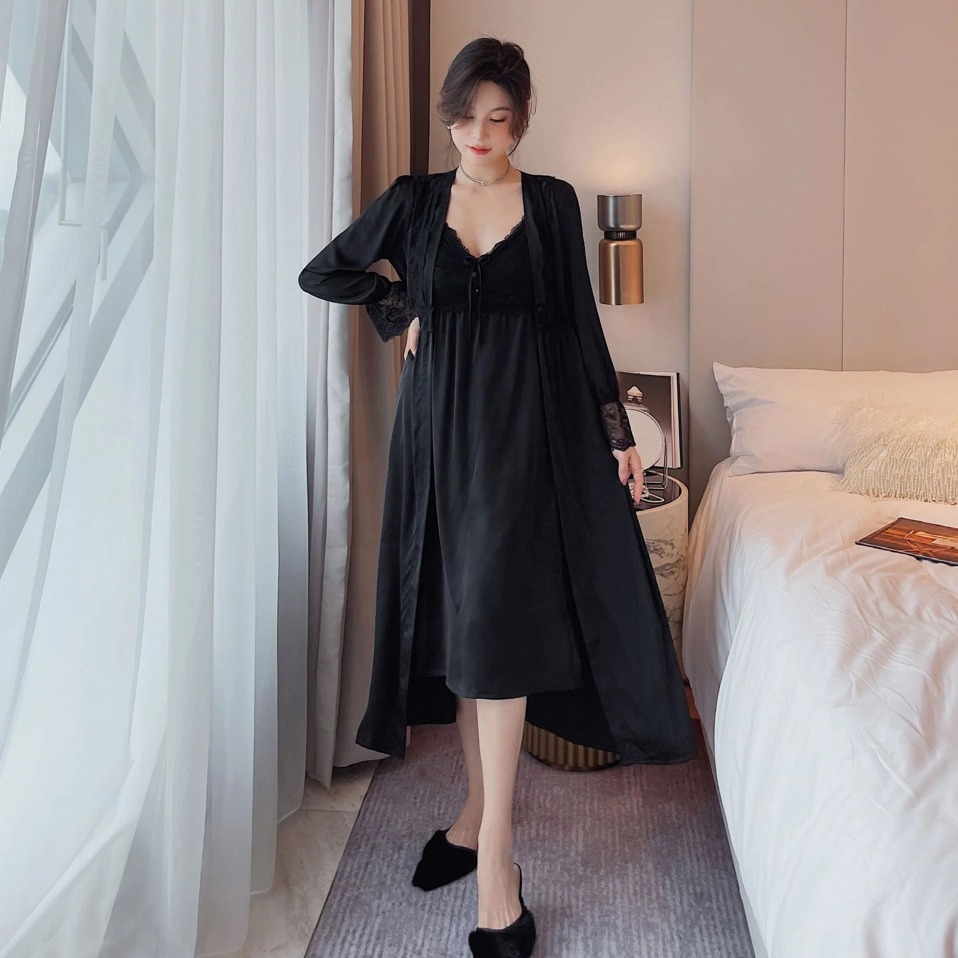 2022 Spring Summer 2 Pieces Ice Silk Long Nightwear Sleepwear Elegant Silk Satin Vintage Pajamas Set for Women