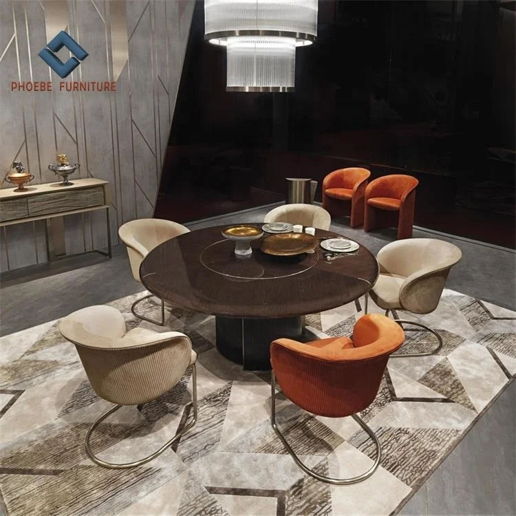 Luxury Villa Modern Round Dinning Table with Hidden Lazy Susan and  Cantilever Dining Chair Set