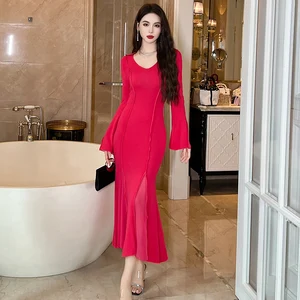 ZYHT 11060 Women Clothing Long Sleeve Elegant V-neck Fishtail Dress Knitted Casual Ruffle Maxi Ladies Dress