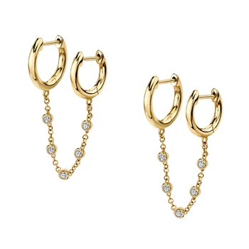 925 Sterling Silver Gold Plated Cz Charm Tassel Chain Double Piercing Hoop Earrings