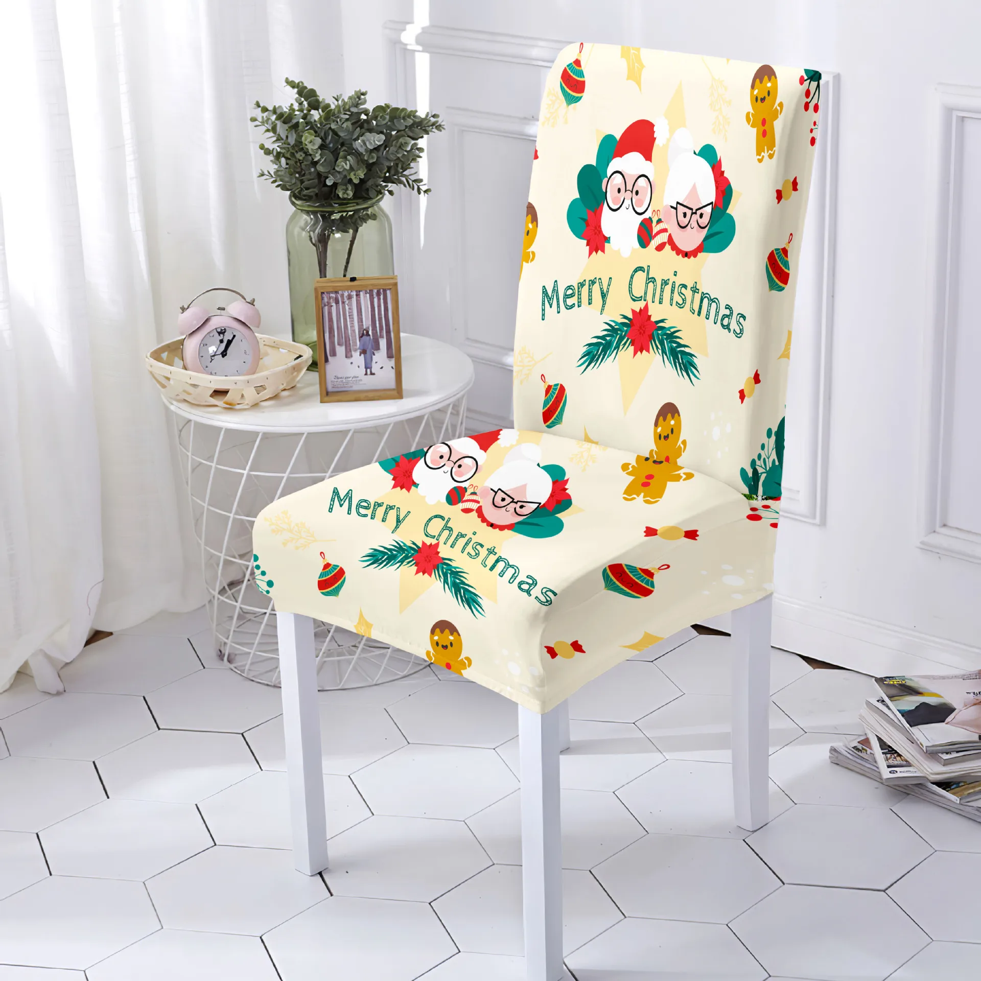 New 2024 Christmas Chair Covers Stretch Xmas Print Design Dining Room