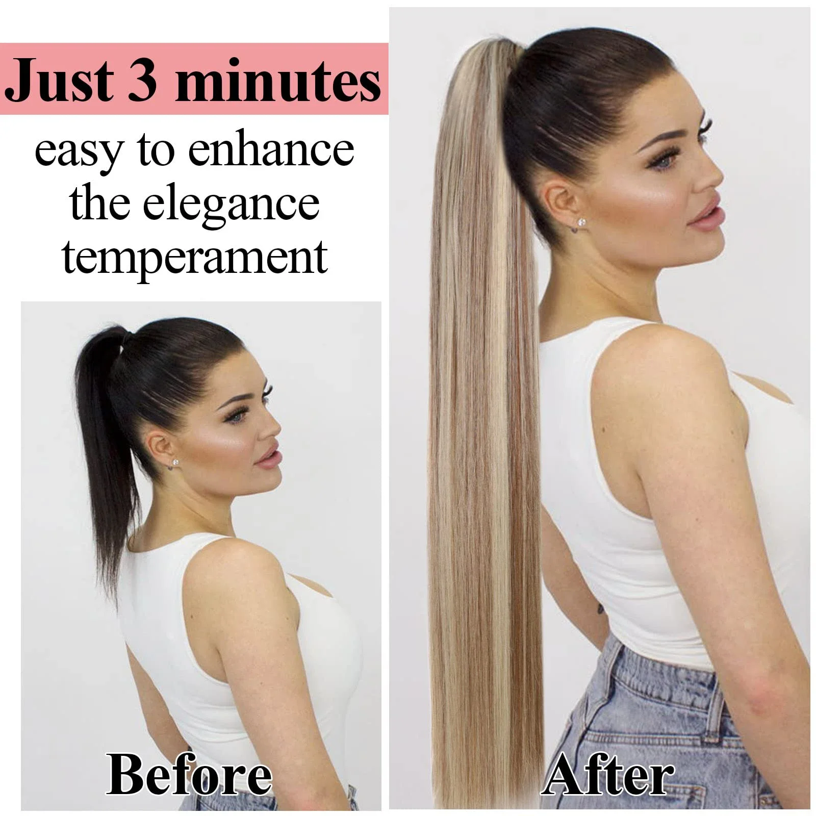 Straight Drawstring Ponytail Human Hair Extensions With Clip 16-26 Inch 100g For Salon_voghion.com