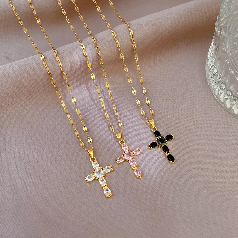 Luxury Bling Pink Diamond Cross Necklace Trendy Jewelry