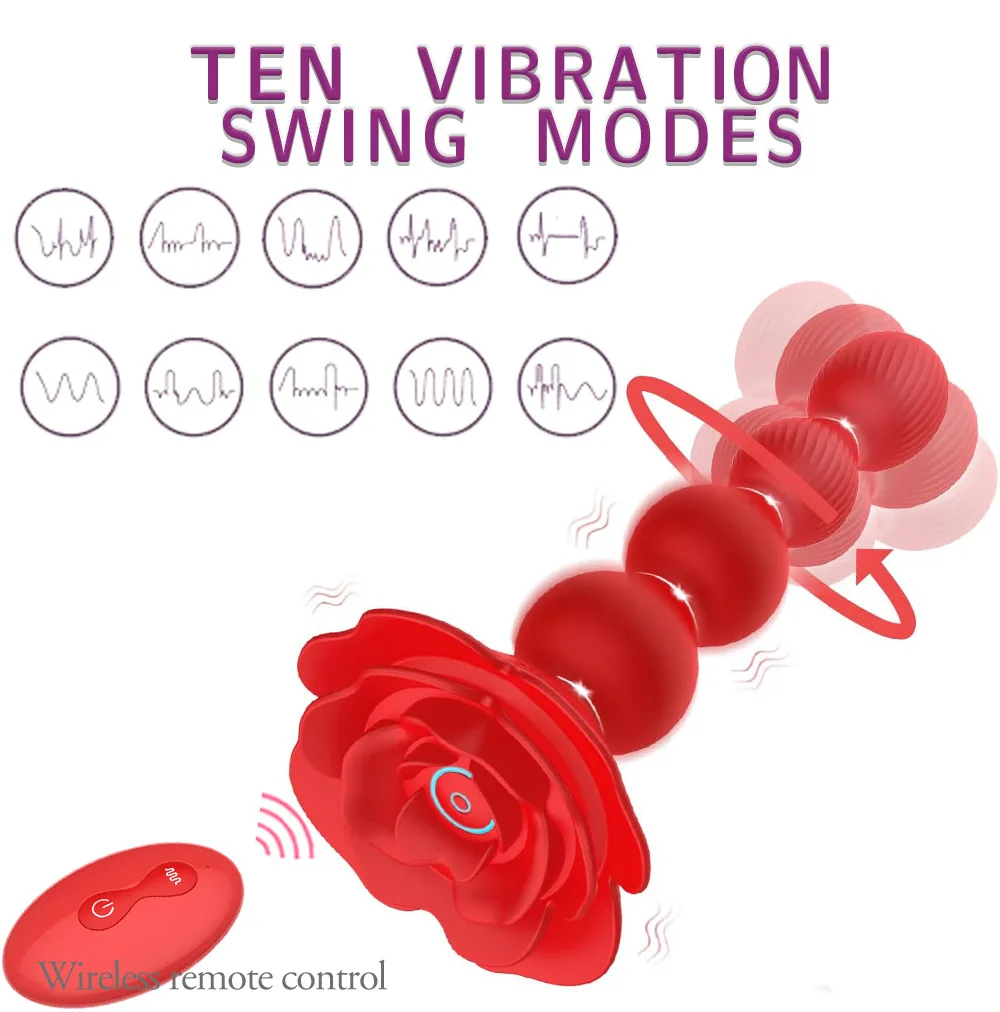 Silicone Anal Beads Butt Plug With 10 Rotate Twist Vibrating Modes Remote Control Prostate Massager Rose Toy For Anal Sex Toys_voghion.com