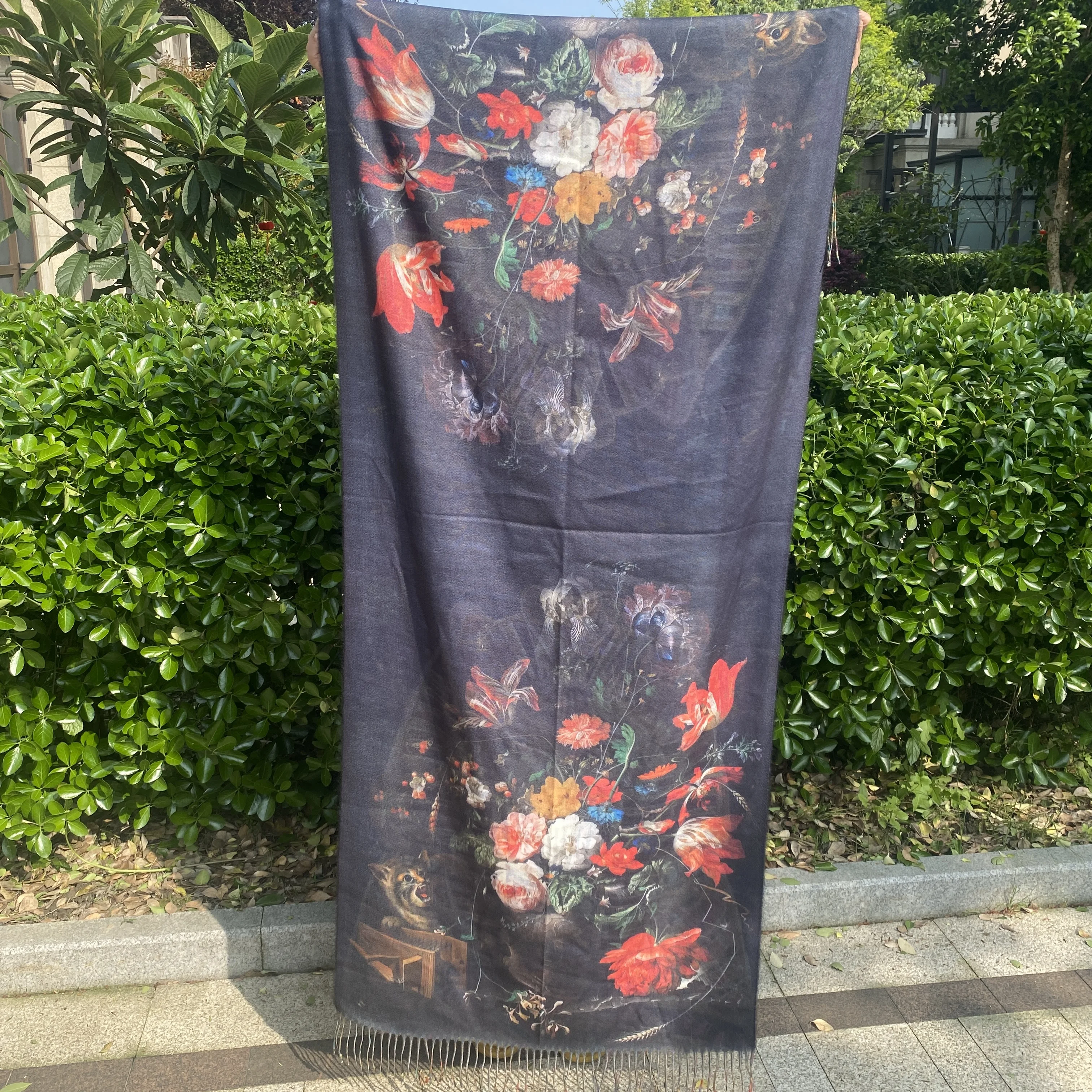 Custom Designed Logo Print Super Soft Wool Cashmere Pashmina Shawl Scarf Winter Festival Gift with Digital Printing Dot Pattern