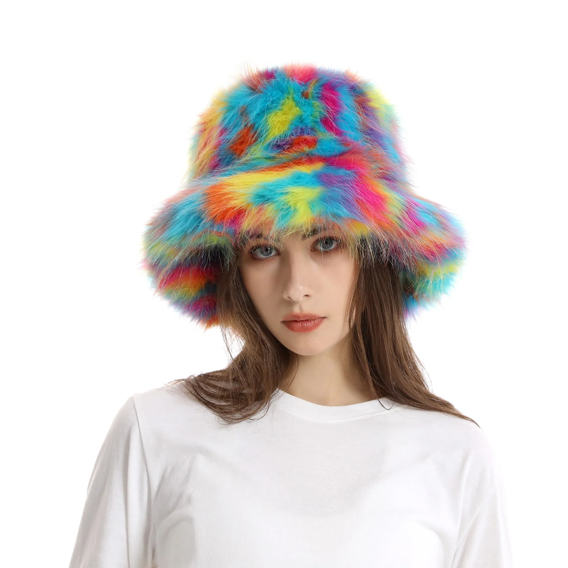 Women Tie Dye Faux Fur Bucket Hat Fuzzy Warm Winter Hat Fisherman Cap