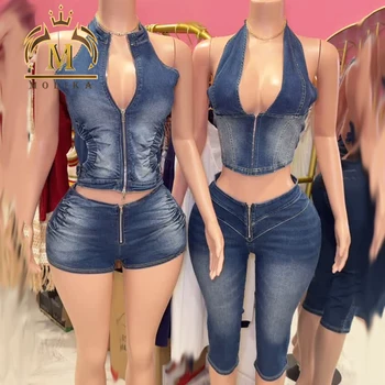 Trendy Women's 2 Piece Denim Set Stretch Zipper Crop Top and